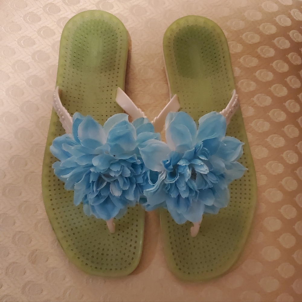 Kate Spade Bella Jelly Flip Flops Lime Green w/ Blue Peonies, Flowers, Sz 10